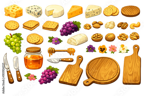 Different types of cheeses, grapes, nuts, cookies, and honey arranged on wooden boards with utensils