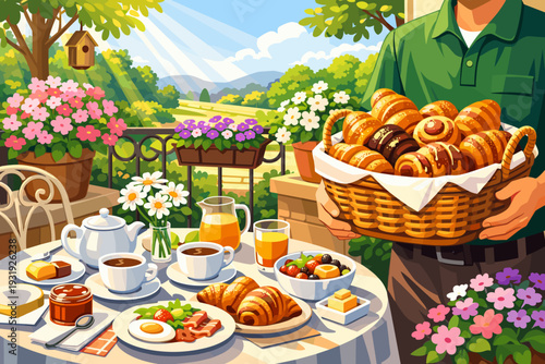Freshly prepared breakfast outdoors with bright flowers and a basket of pastries in the morning sun