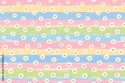 Pattern of flowers on colorful stripes with pastel shades and soft lines across the entire surface