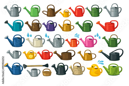 Watering cans in different colors and styles arranged in a grid layout for gardening use