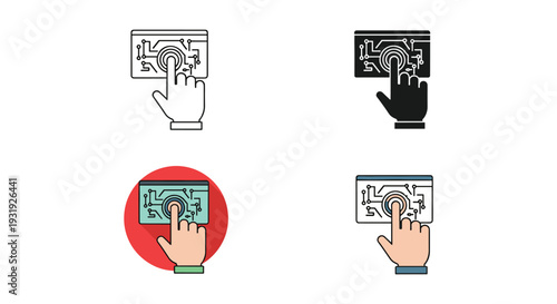 Illustrations of hand interactions with touchscreen devices in different scenarios