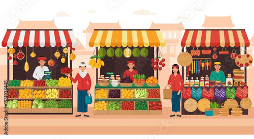 Vibrant market scene with fresh produce and colorful stalls