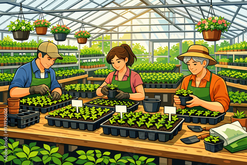 Workers care for plants in a greenhouse during a busy afternoon in spring