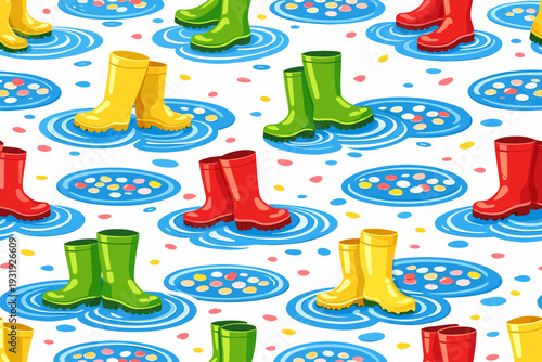 Bright rubber boots in puddles on a white background during a rainy day