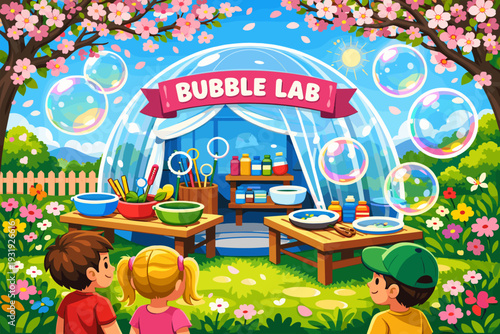 Kids enjoy bubble lab activity in a garden with trees and bright sky during daytime with colorful materials for exploration