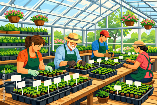 People work in a greenhouse planting seeds and caring for plants during daytime