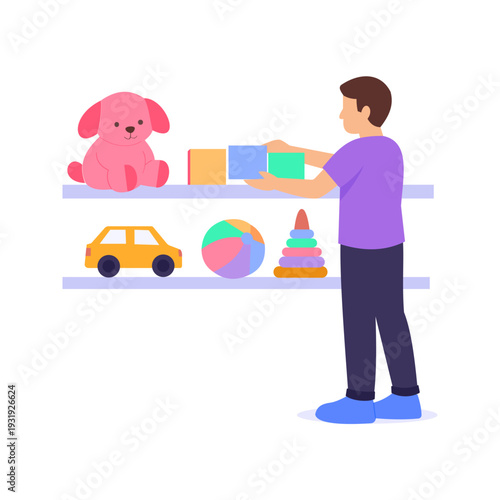 Toy Display Arrangement, Organizing toys attractively on store shelves, Flat vector character illustration