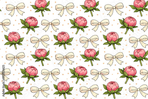 Pattern of pink peonies and white bows arranged in a repeating design on a light background during daytime