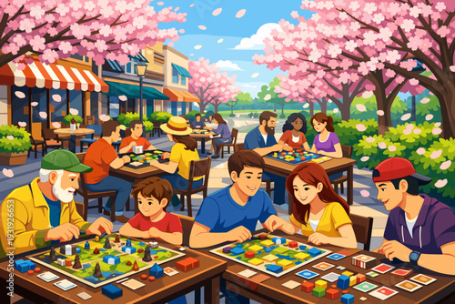Friends play board games outdoors under cherry blossom trees in a park on a sunny day with cafes in the background