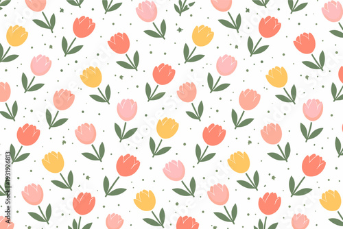Colorful tulip pattern fills the background with bright blooms and green leaves in a cheerful display of spring flowers