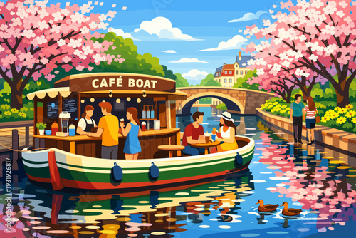 Bright day at a cafe boat on a canal with cherry blossoms and people enjoying drinks