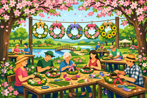 People make flower wreaths at a crafting event by the river in springtime among blooming trees and bright flowers with a view of a bridge