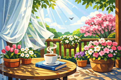 Morning sunlight shines through curtains on a porch with flowers and a cup of coffee resting on a table by a book