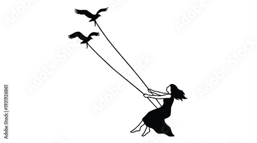 Surreal Silhouette of a Woman on a Swing Lifted by Flying Birds