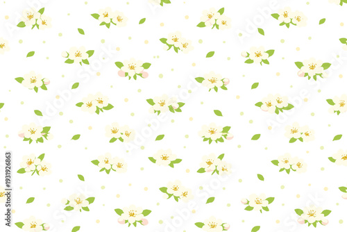 White background with small floral designs featuring green leaves and light-colored flowers scattered across the surface