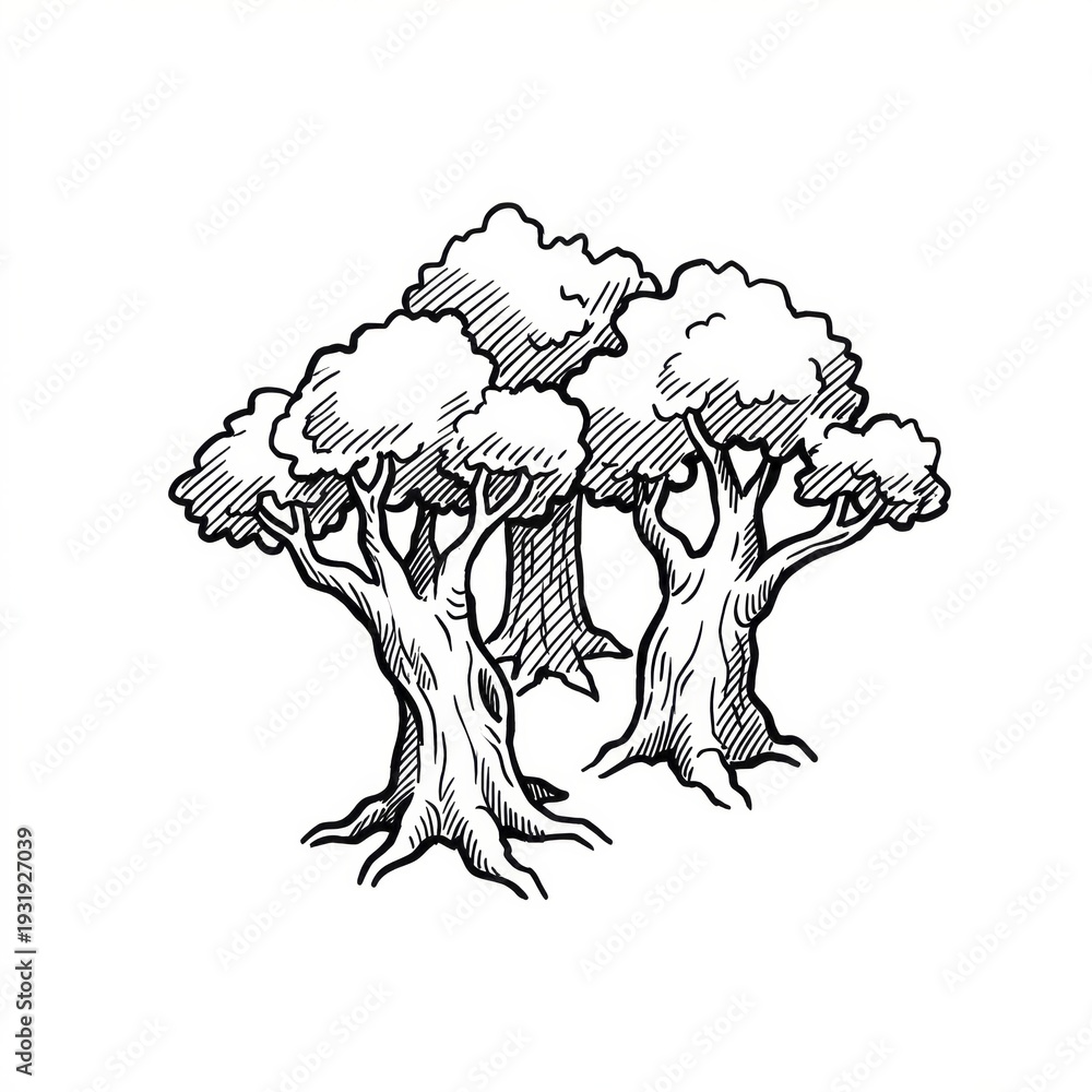 Fototapeta premium Hand drawn sketch of a sparse scattered forest group map illustration.