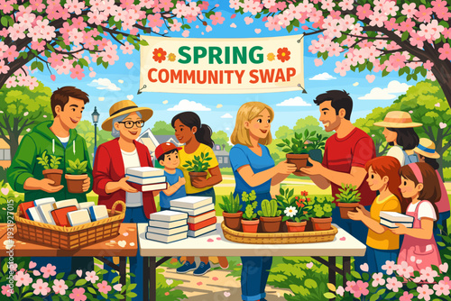 Spring community swap brings together families to exchange plants and books in a busy park during a sunny day