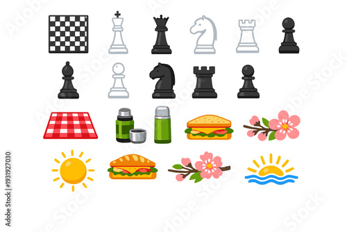 Chess pieces, picnic items, and nature symbols being shown together in a simple design for a fun activity or event