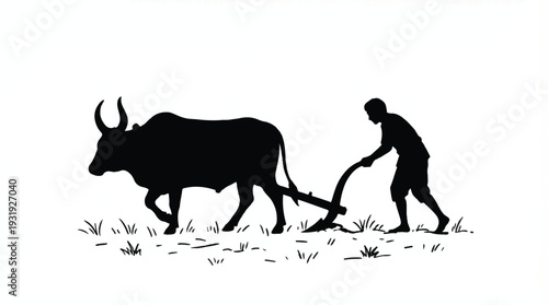 Silhouette of a Farmer Plowing a Field with an Ox in Traditional Style