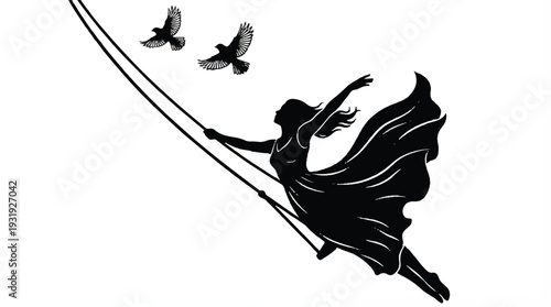 Conceptual Illustration of Freedom and Imagination with Girl Swinging in the Sky