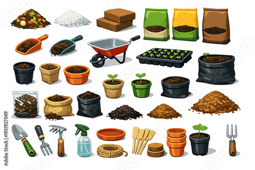 Gardening tools and supplies arranged for outdoor planting activities during spring