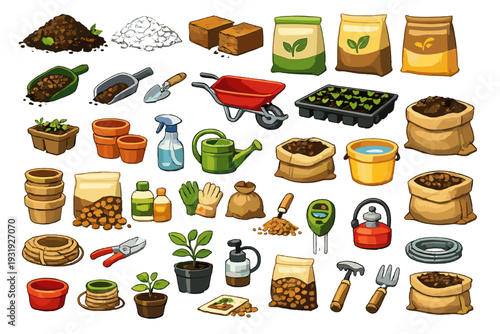 Gardening tools and supplies laid out on a white background for planting and nurturing plants and flowers in a garden setting