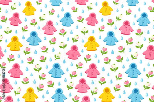 Colorful raincoats and flowers pattern on a white background with drops of water