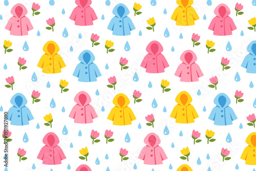 Colorful raincoats and flowers pattern on a white background showing a playful design suitable for various projects