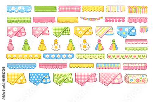 Colorful decorative banners and trims displayed on a white background in a design studio for crafts and DIY projects