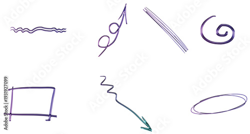 Hand-drawn abstract graphic elements collection. Purple and teal sketchy lines, arrows, and shapes like waves, swirls, and squares for doodle art and design.