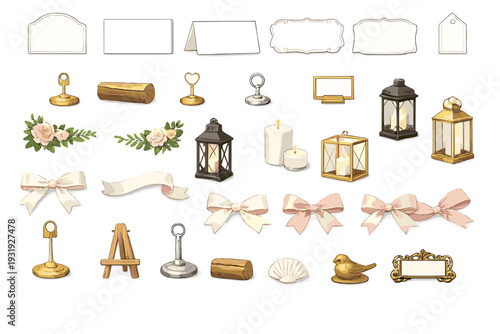 Decorative elements for parties and events including lanterns, bows, and labels for various occasions