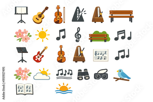 Music and nature come together in a lively arrangement of instruments, notes, and outdoor scenes during the day