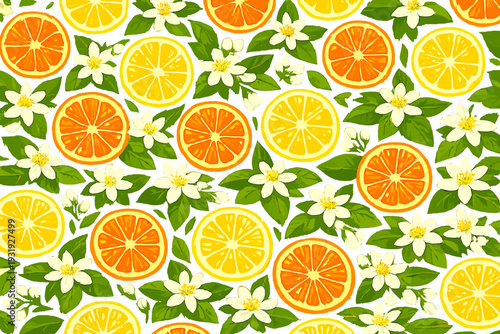 Bright orange and yellow citrus slices with green leaves and white flowers in a pattern on a white background