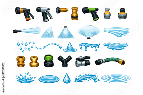 Different types of garden hoses, nozzles, and water connectors used for various watering tasks