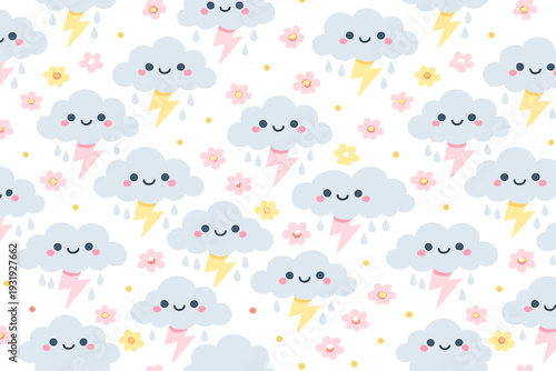 Cute clouds and flowers with happy faces in a fun pattern for a cheerful background design