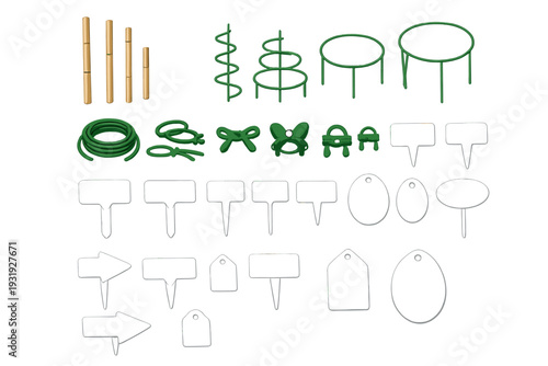 Variety of garden markers and supports laid out on a flat surface for plant labeling and support structure use