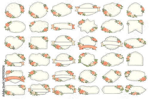 Various decorative labels and frames with flowers for use in crafts and designs in different shapes and sizes
