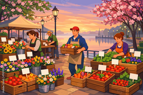Bustling market scene with vendors selling fruits and flowers near a lake in morning light