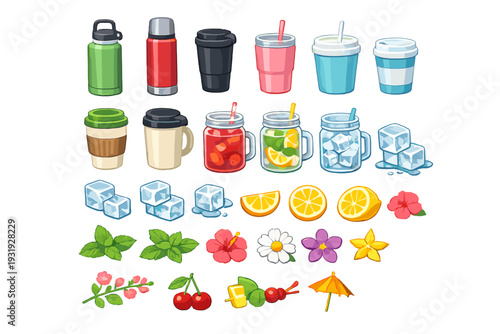 Different types of drinks and fruits featured in a colorful design for summer refreshment