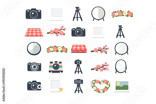 Various camera equipment, backdrops, and floral decorations are arranged in a grid pattern for a creative setup