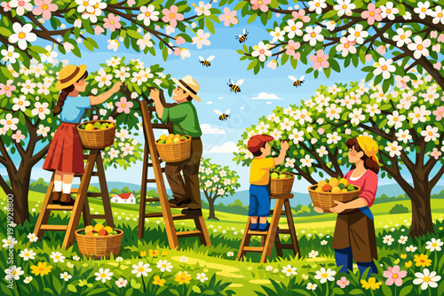 People gather fruit in a blooming orchard on a sunny day with bees buzzing around the flowers and trees