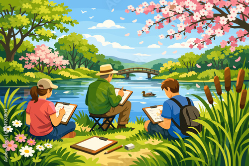 People sketching nature by a river during a sunny day in a park with trees and flowers in bloom