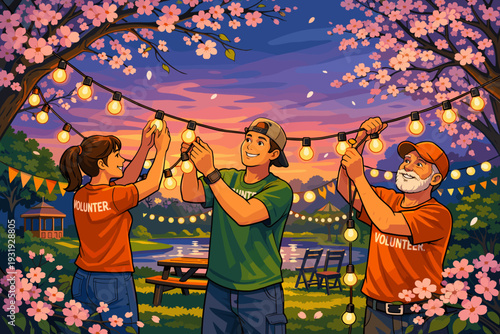 Volunteers decorate a park for a community event at sunset with lights and flowers in the background