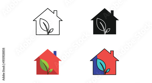 Four stylized house icons with different color schemes and green leaf symbols