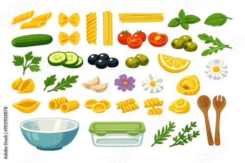 Cooking ingredients and tools arranged for preparing a pasta dish in a clean kitchen setting during the day