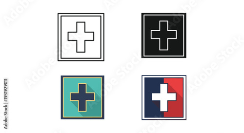 Four variations of medical cross symbols on square backgrounds with different color schemes