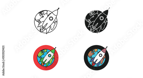 Four stylized illustrations of spacecraft orbiting celestial bodies in artistic designs