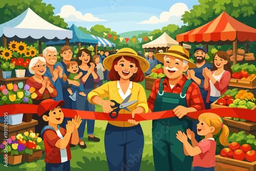Community members celebrate the opening of a local farmers market with a ribbon cutting ceremony on a sunny day