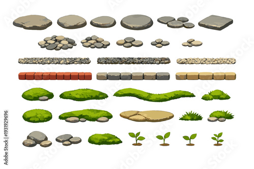 Collection of stones, pebbles, and grass elements for landscape design use in outdoor or garden projects