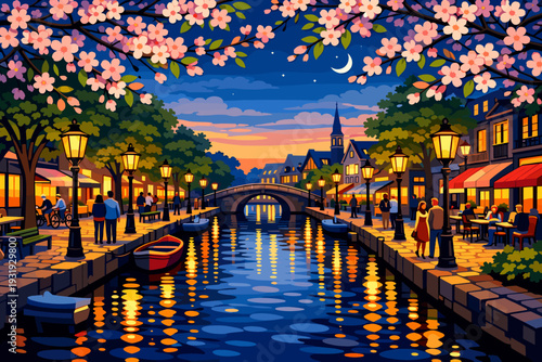 Evening walk by the canal with blooming trees and cozy street cafes in a charming town